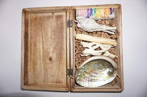Sage Kit + Floral Carved Wooden Box